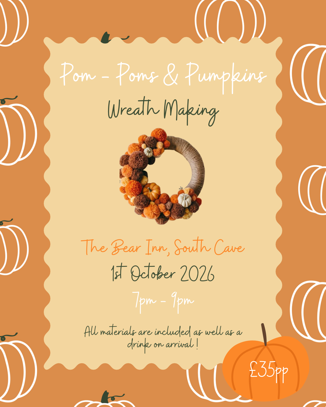 Pom-Poms and Pumpkins Wreath Making at The Bear Inn, South Cave 01/10/26